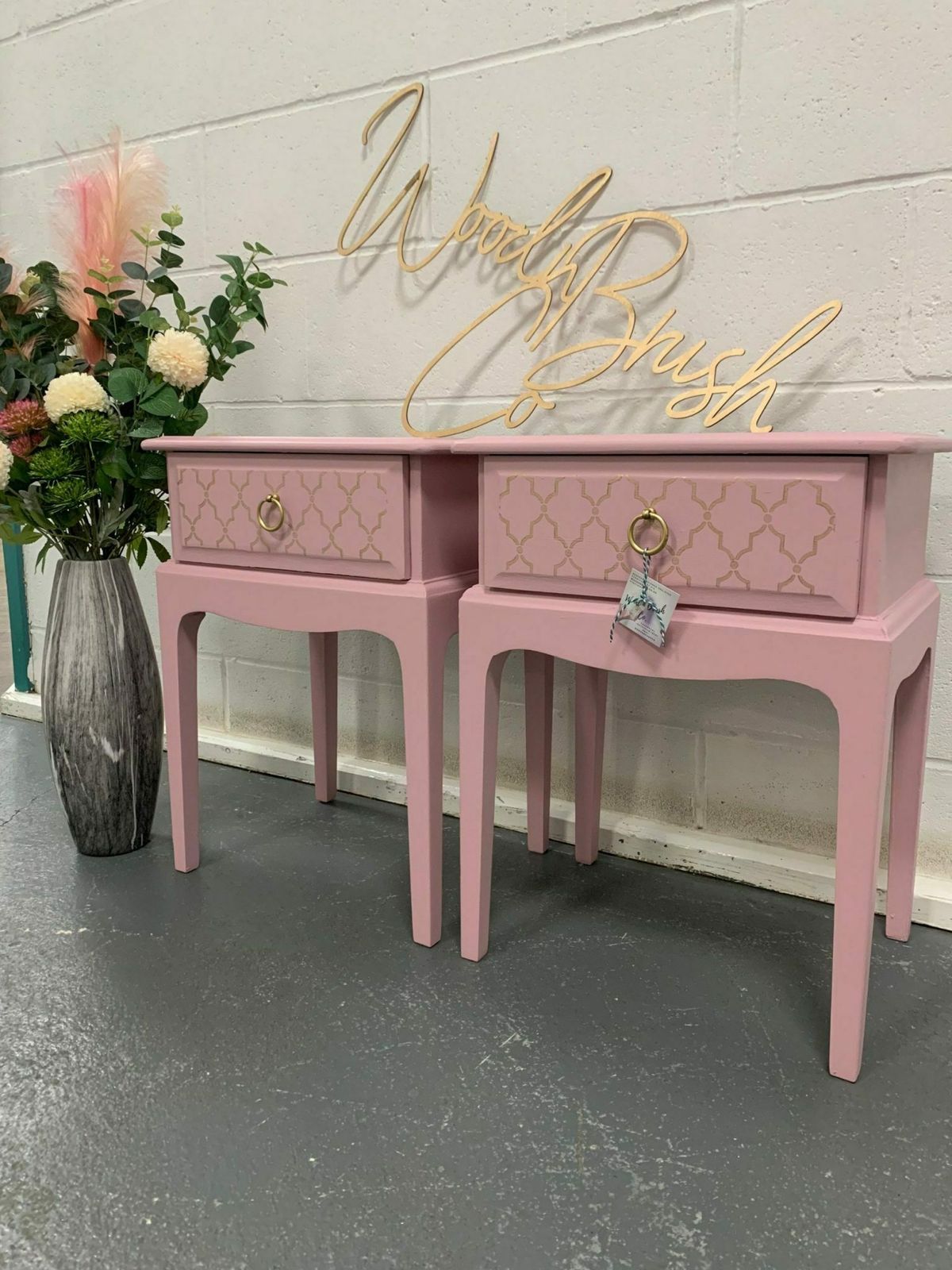 Stag Minstrel Pair Bedside Tables Pink With Gold Painted Stencil  Custom You Choose Your Colours And Design photo furniture