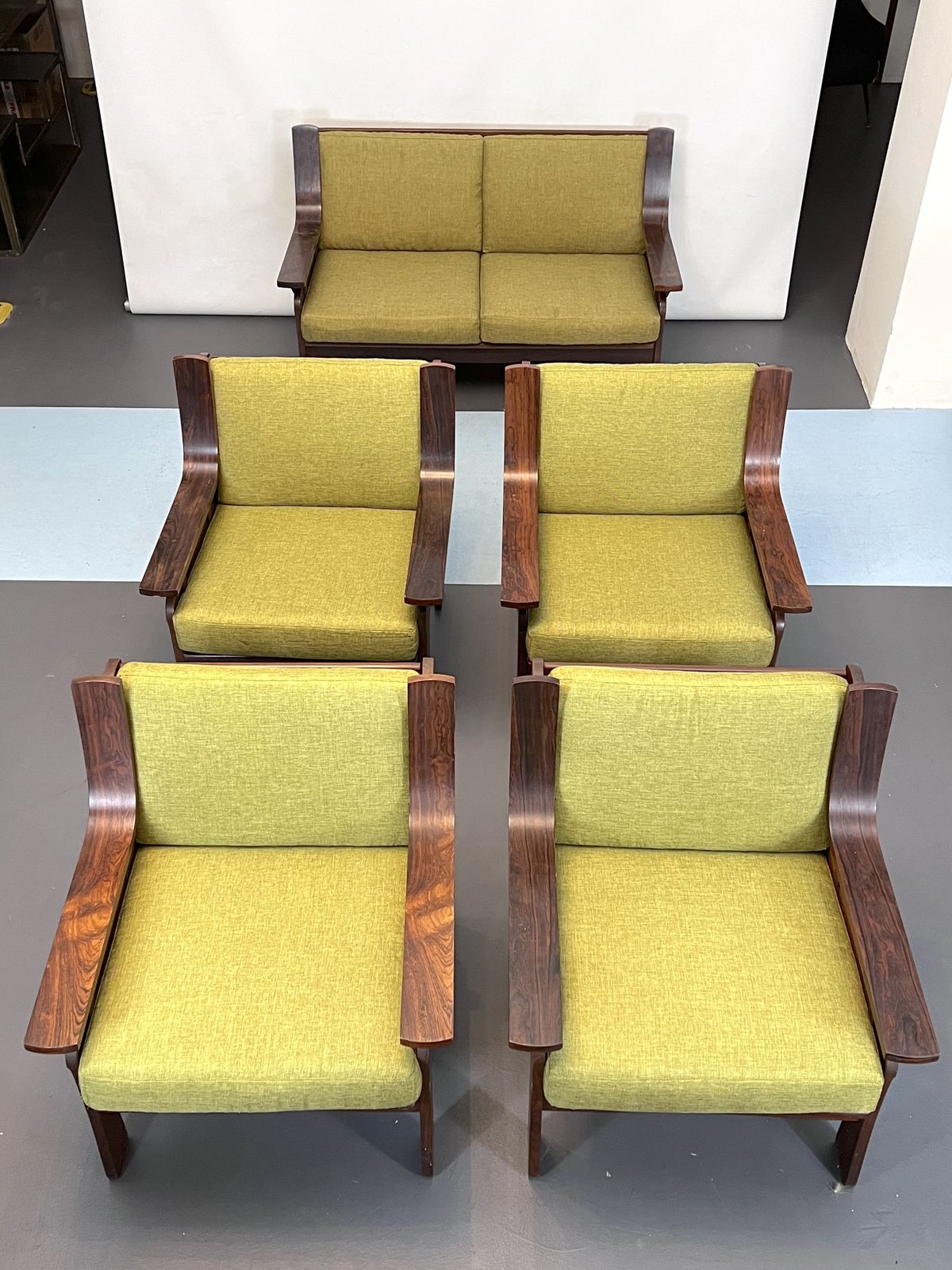 Mid Century Set Of Four Armchairs And A Sofa In Wood And Green Fabric. Italy 1960s photo furniture