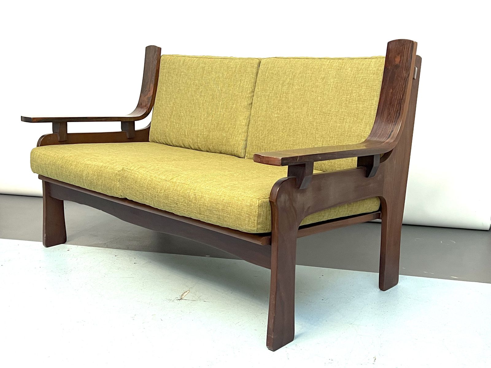 Mid Century Set Of Four Armchairs And A Sofa In Wood And Green Fabric. Italy 1960s photo for sale