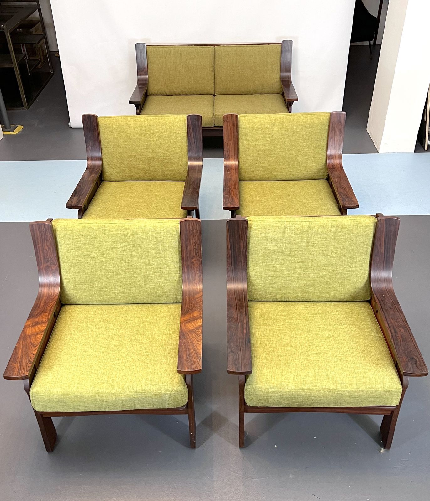 Mid Century Set Of Four Armchairs And A Sofa In Wood And Green Fabric. Italy 1960s photo vinterior