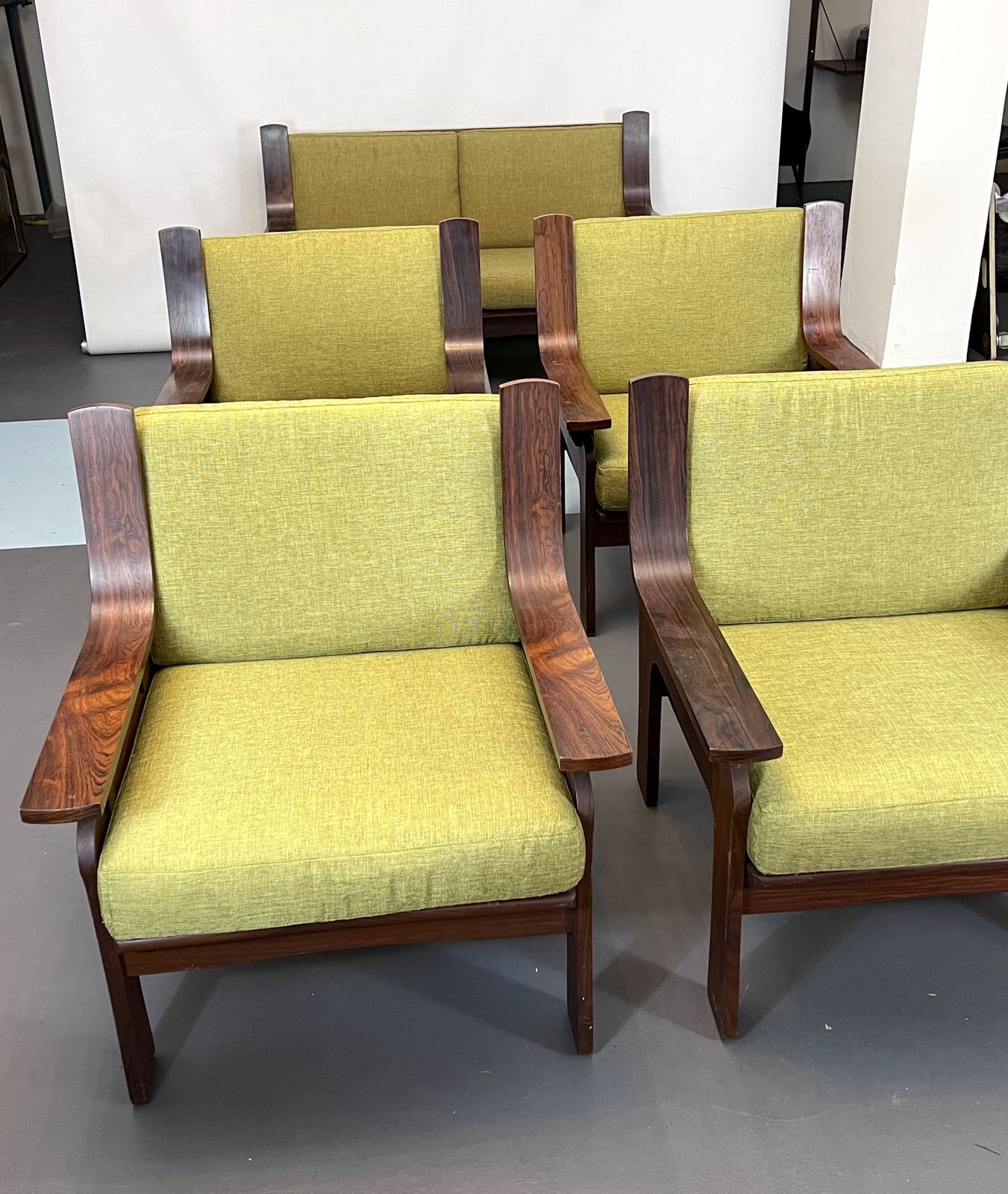 Mid Century Set Of Four Armchairs And A Sofa In Wood And Green Fabric. Italy 1960s photo buy