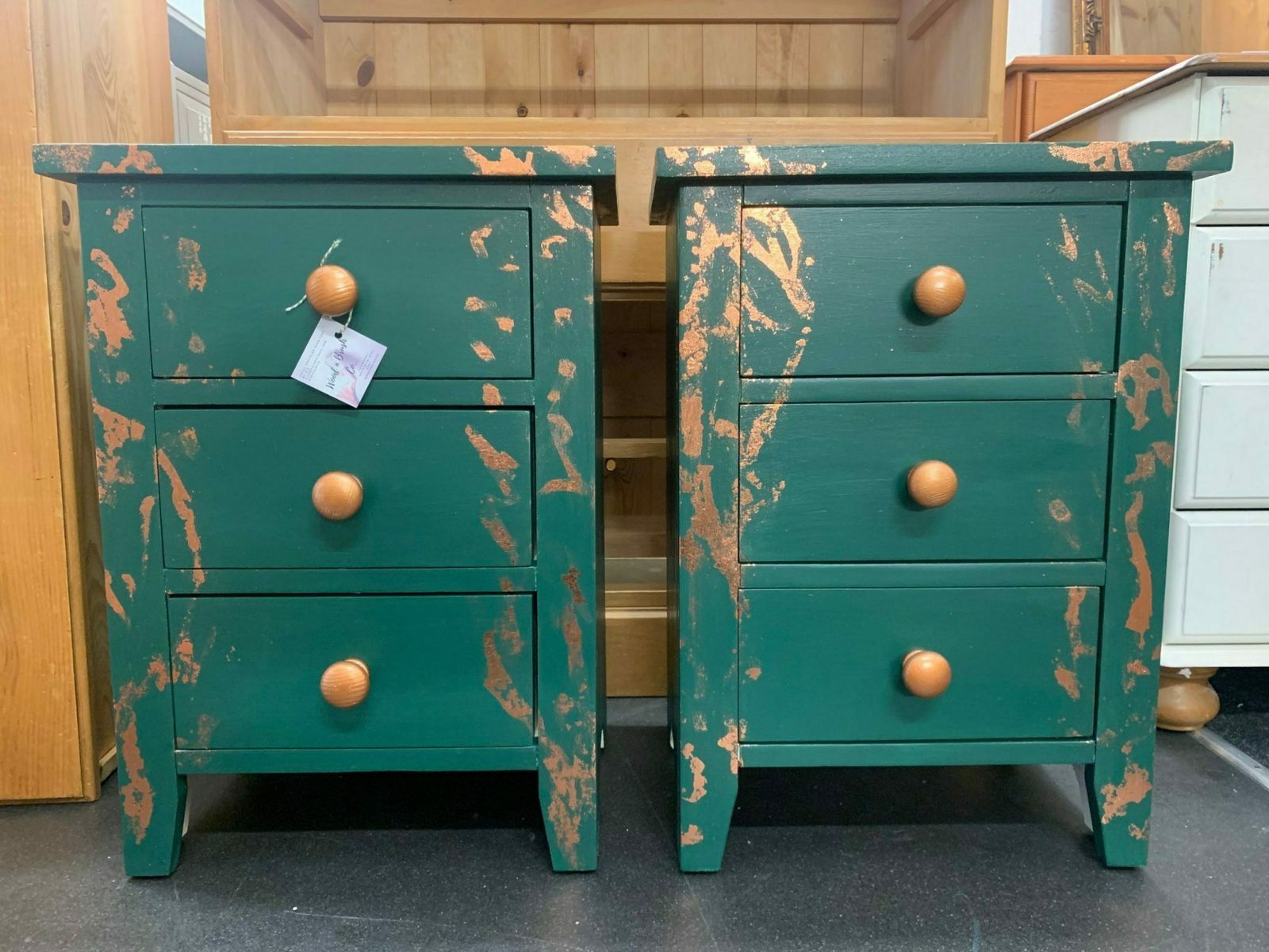 Pair Of Bedside Tables Painted Green Copper Leaf photo for sale