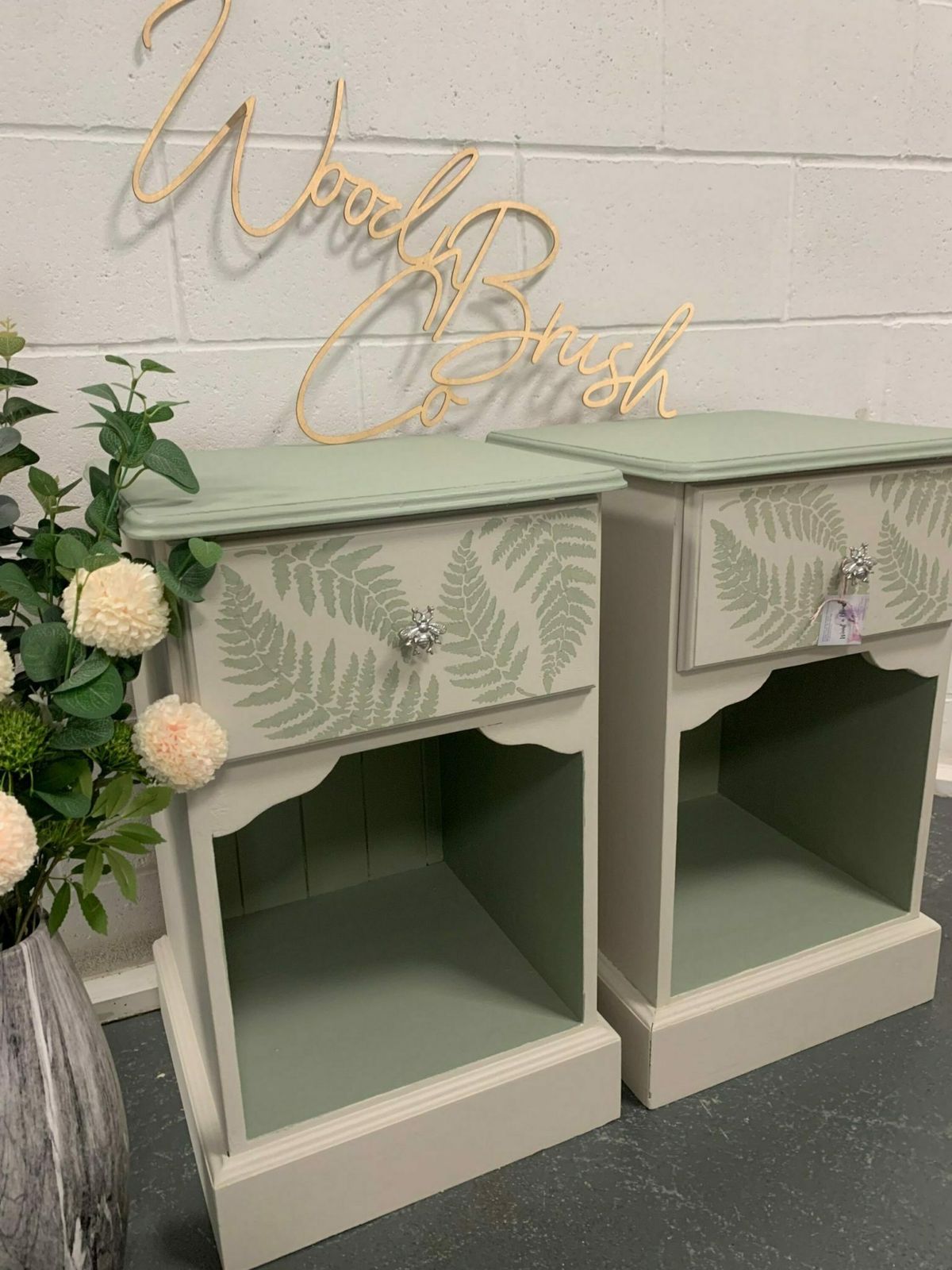 Beautiful Painted Pair Of Bedside Tables In Cream And Green With Botanical Fern Leaf Design And Silver Bee Handles