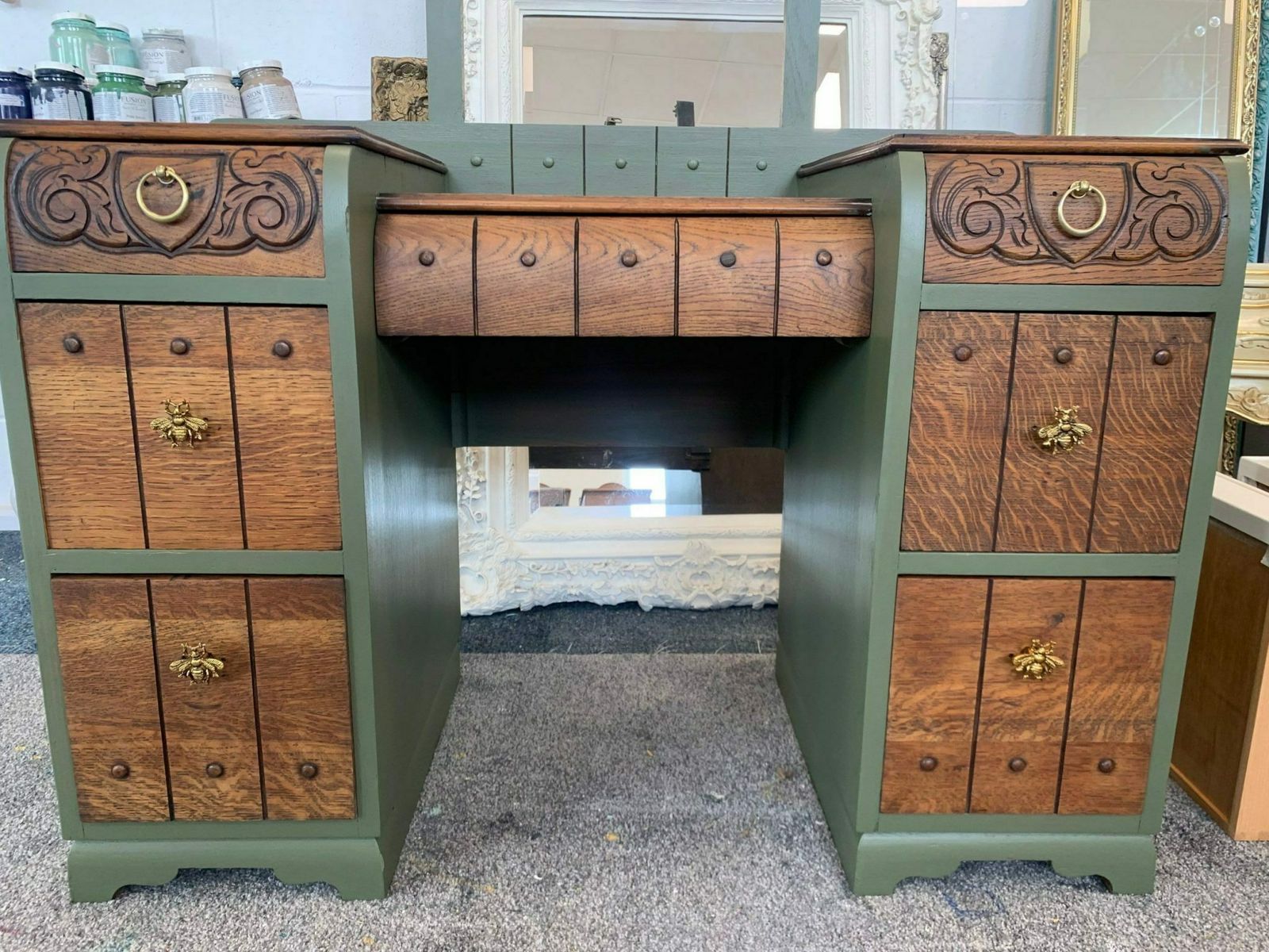 Dressing Table Painted Bespoke Moroccan Geometric Gold Leaf Bee Elephant Handles Stencilled photo for sale