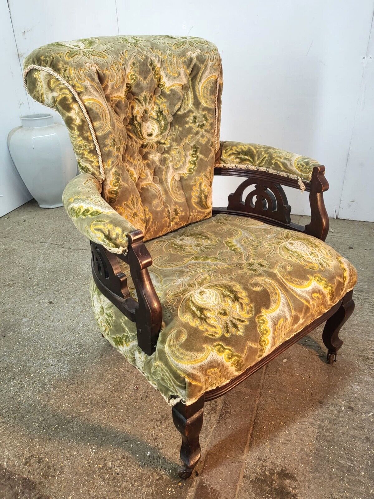 Antique Victorian Open Wood Frame Armchair Curved Back Green Floral Cabriole Leg