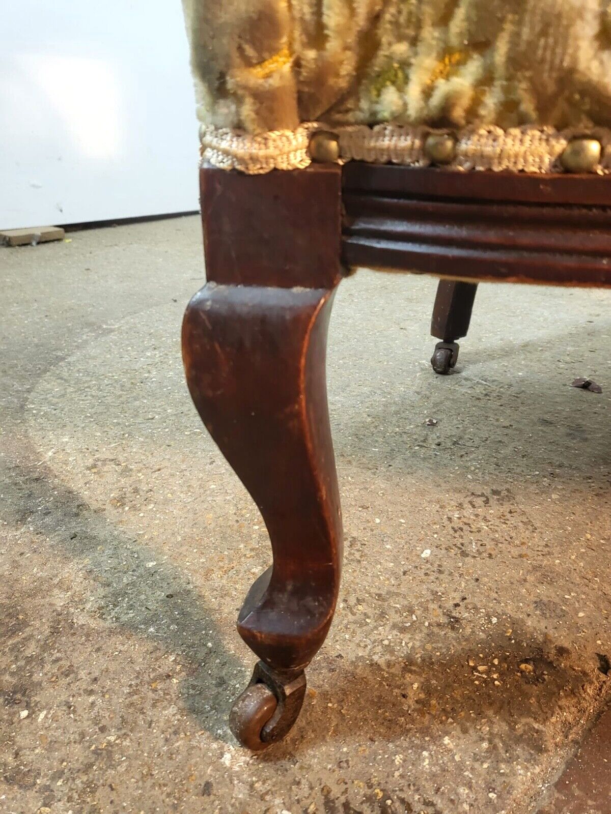 Antique Victorian Open Wood Frame Armchair Curved Back Green Floral Cabriole Leg photo buy