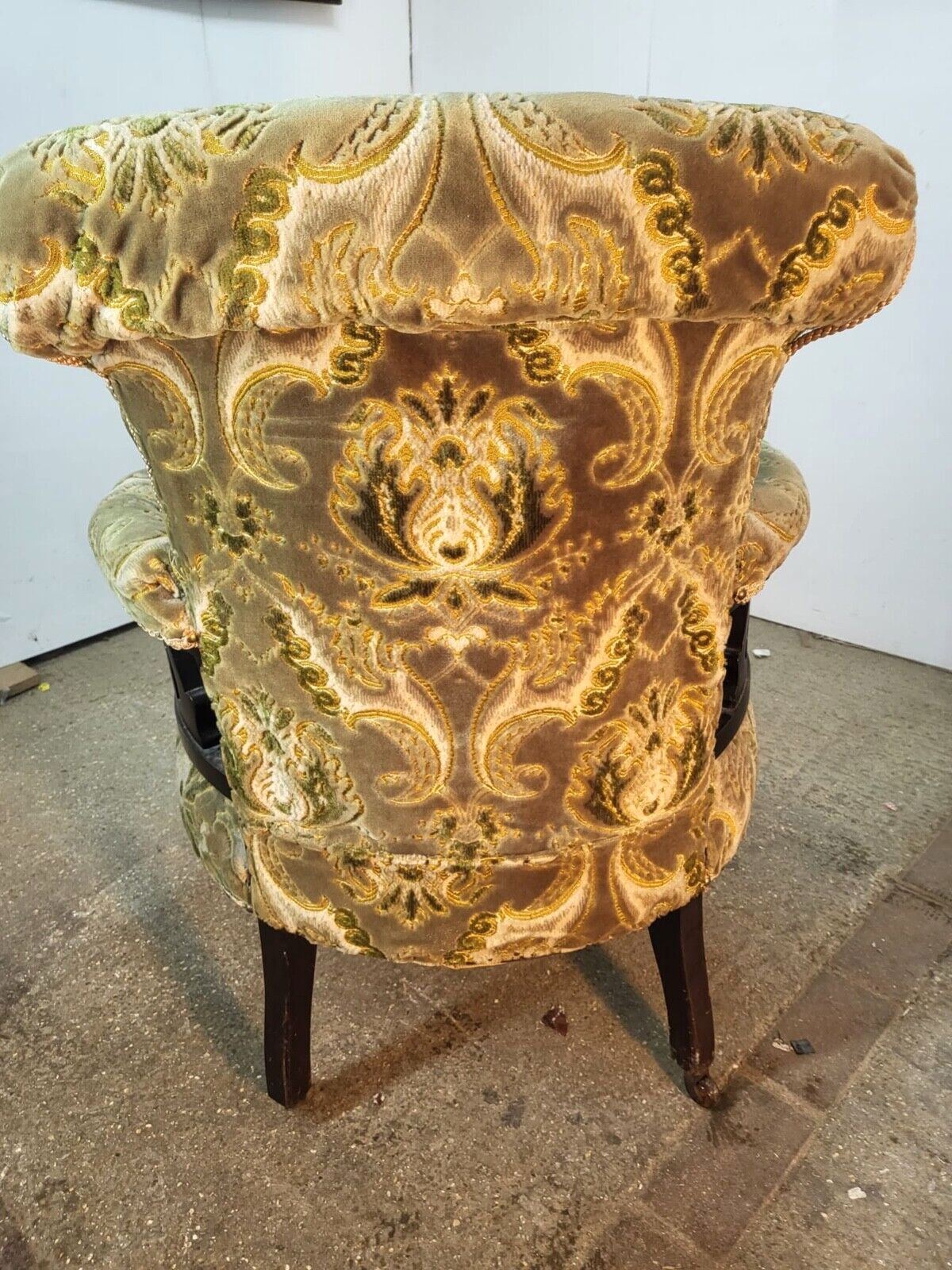 Furniture Antique Victorian Open Wood Frame Armchair Curved Back Green Floral Cabriole Leg photo