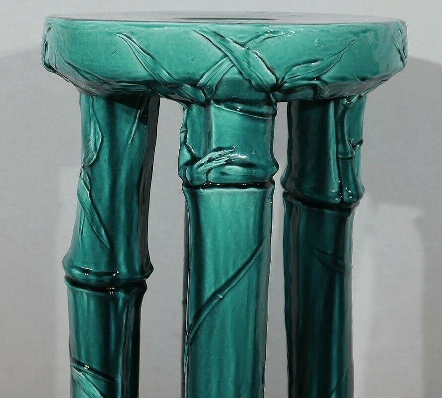 Green Glazed Ceramic Planter Support With Blue Reflections, Decorated With Bamboo, 1920 photo 1472.9