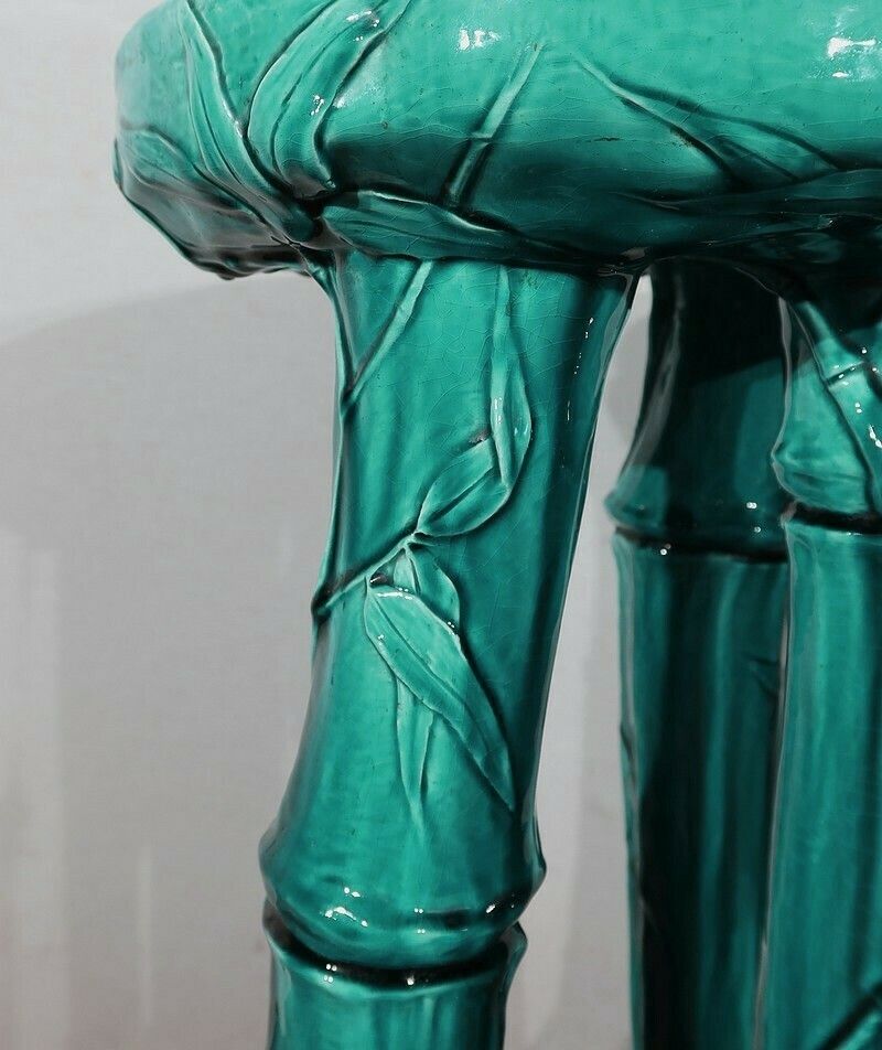 Green Glazed Ceramic Planter Support With Blue Reflections, Decorated With Bamboo, 1920 photo vinterior