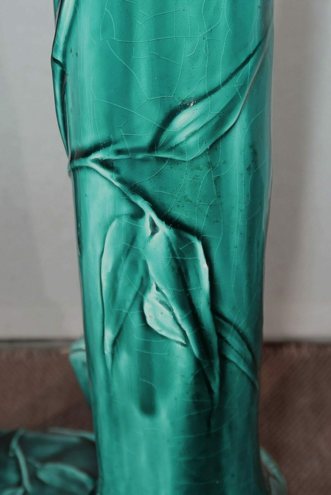 Green Glazed Ceramic Planter Support With Blue Reflections, Decorated With Bamboo, 1920 photo vintage