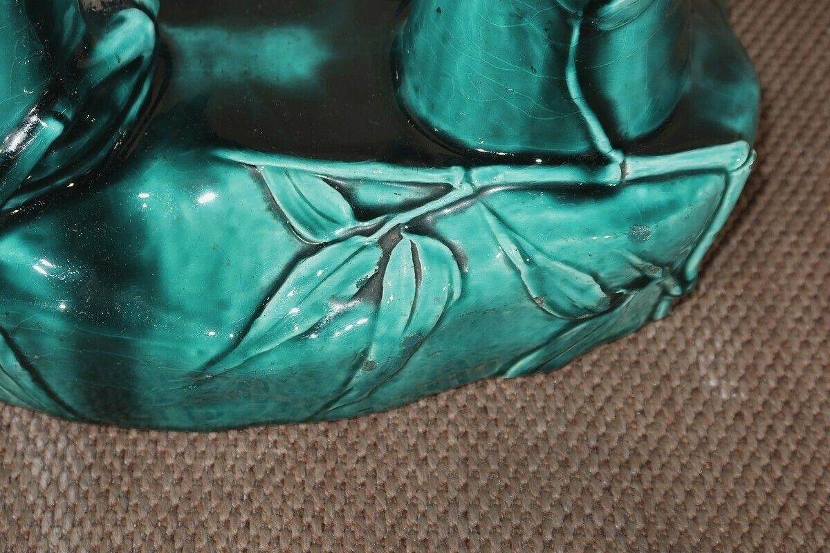 Home Decor Green Glazed Ceramic Planter Support With Blue Reflections, Decorated With Bamboo, 1920 photo