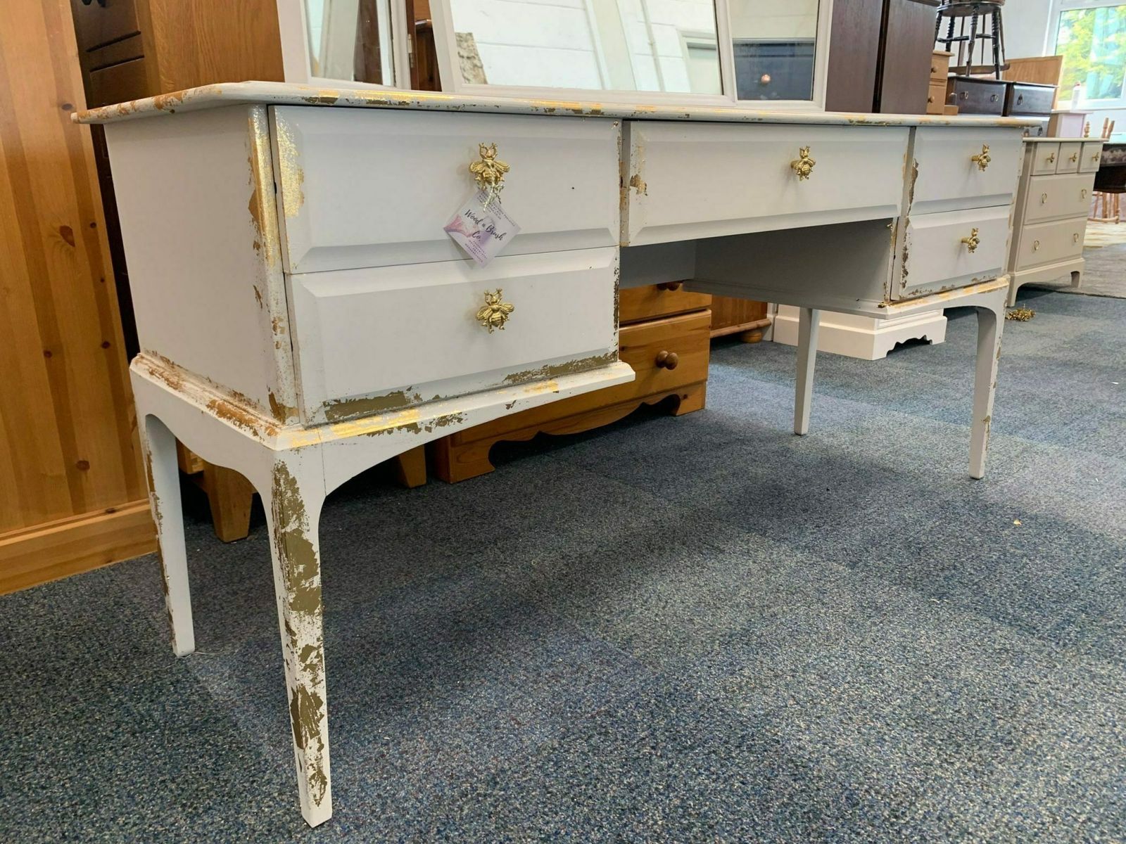 Stag Minstrel Dressing Table Mid Century Vintage Painted Bespoke Moroccan Geometric Bee Elephant Handles Stencilled photo for sale