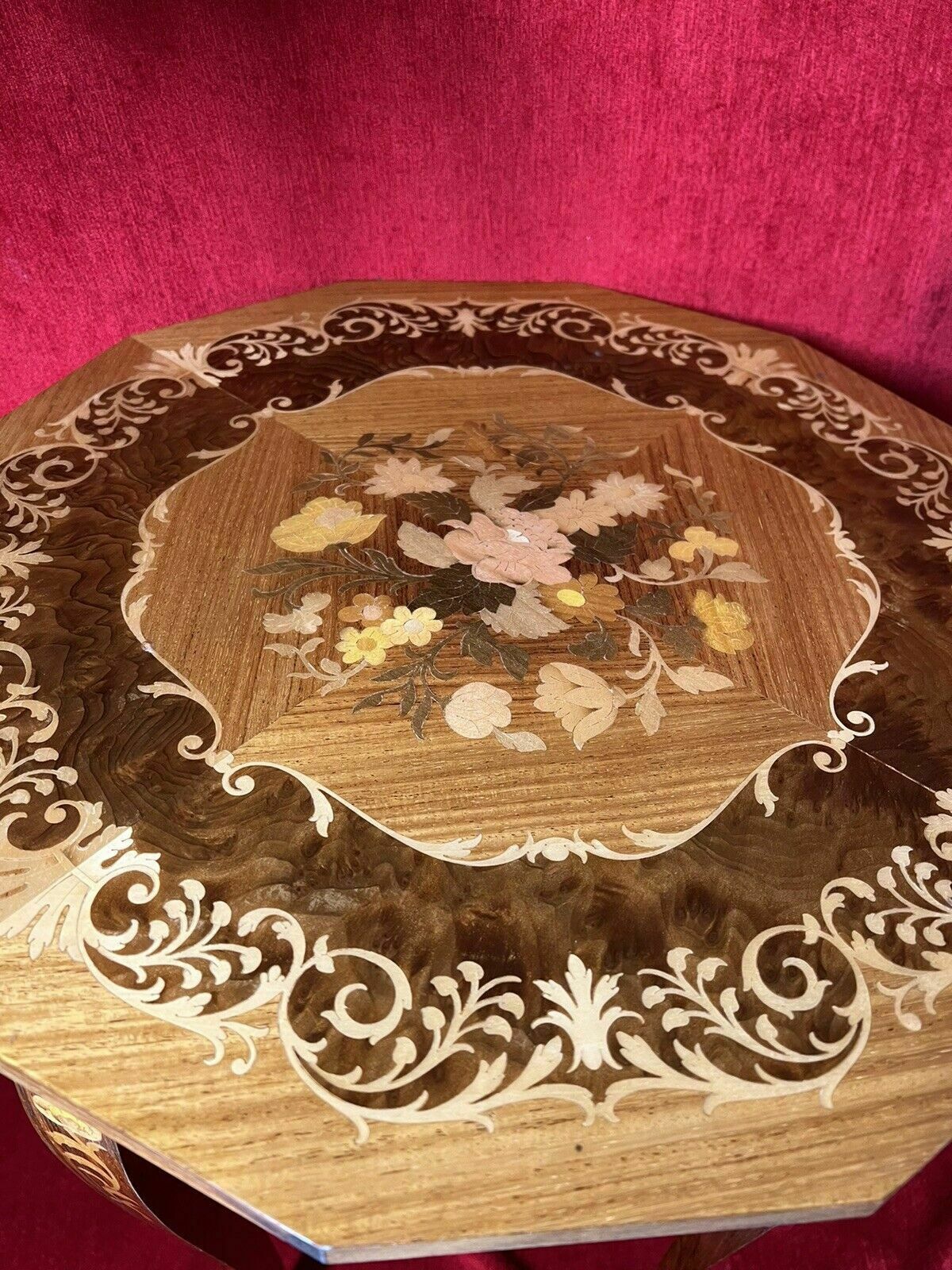 photo buy Italian Satinwood With Marquetry Floral Bouquet Inlaid Musical Table