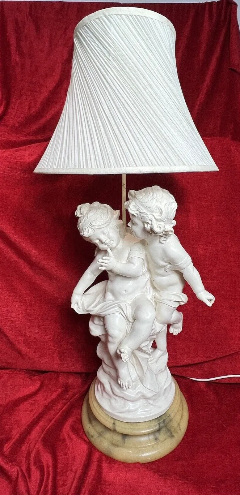 Large Hollywood Glamour Lamp Of Cherubs Set Upon Circular Onyx Base