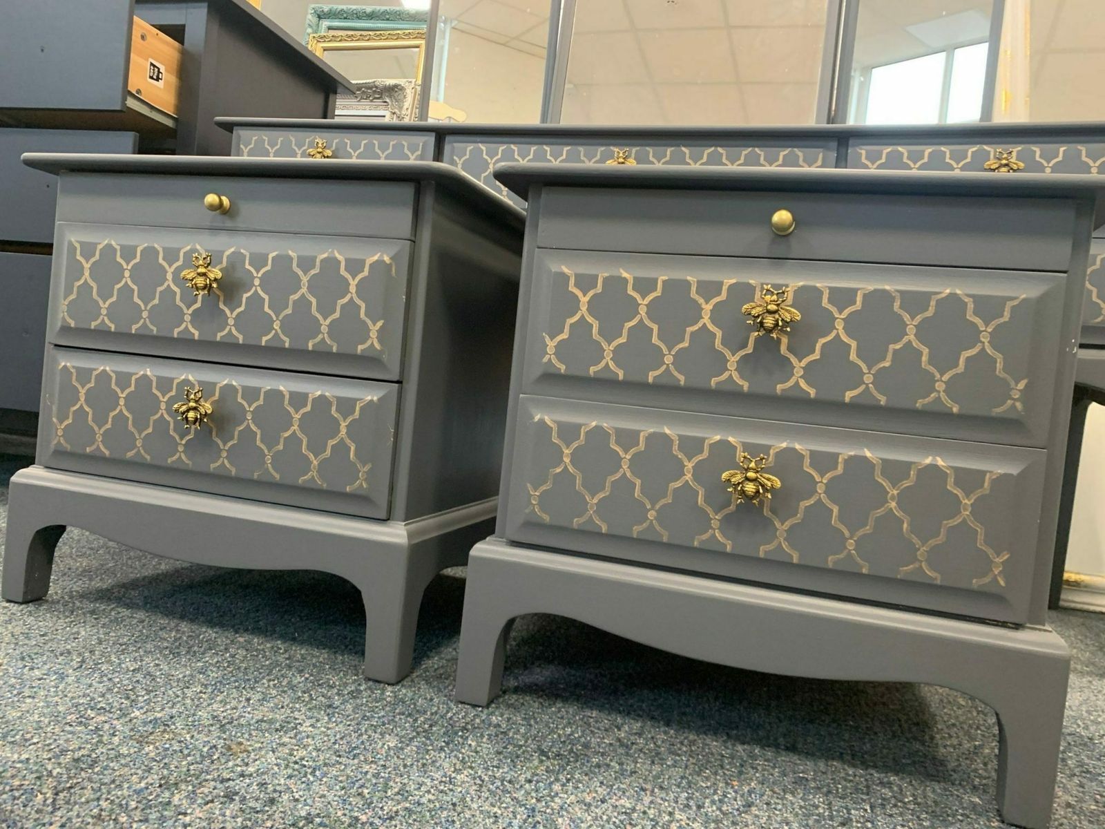 Stag Minstrel Pair Bedside Tables Painted Bespoke Moroccan Geometric Gold Leaf Bee Elephant Handles Stencilled photo furniture