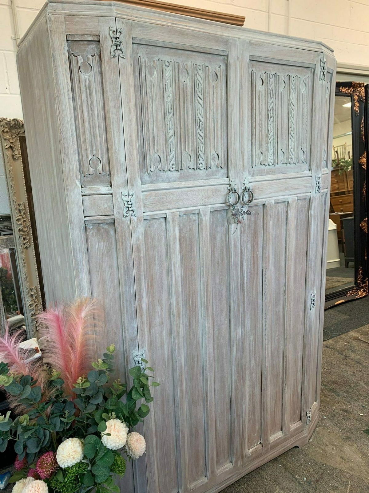 Painted  Carved Lime Washed Old Charm Wardrobe