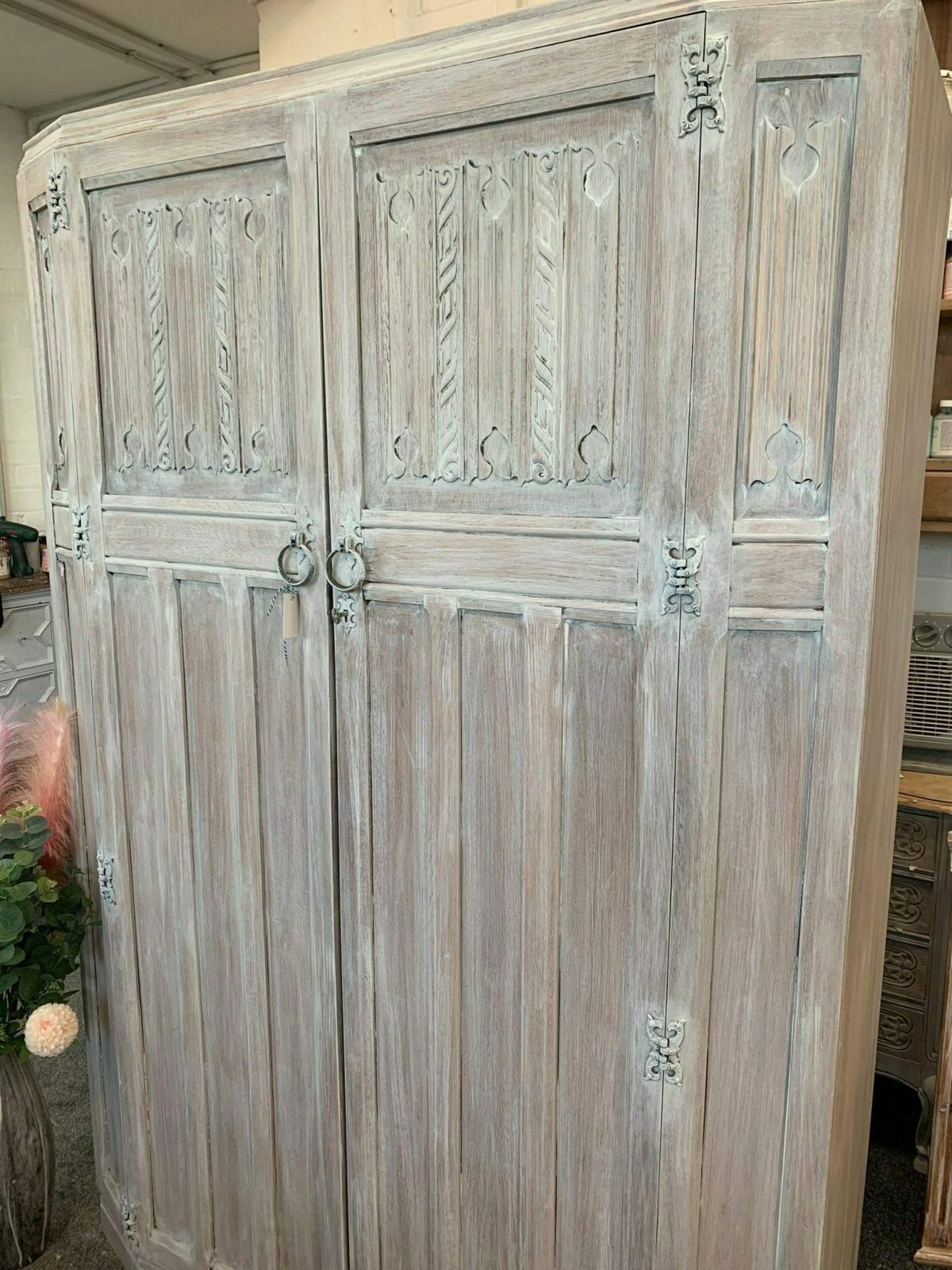 Painted  Carved Lime Washed Old Charm Wardrobe photo Furniture