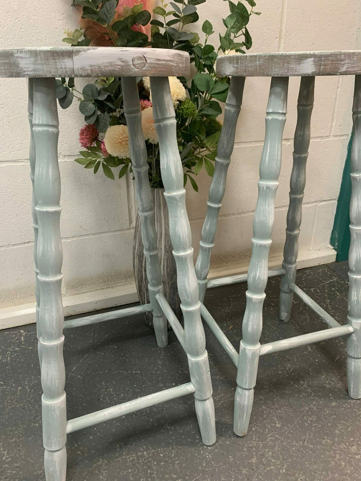 Pair Of Bar Stools Wooden Professionally Painted Fern Leaf photo furniture