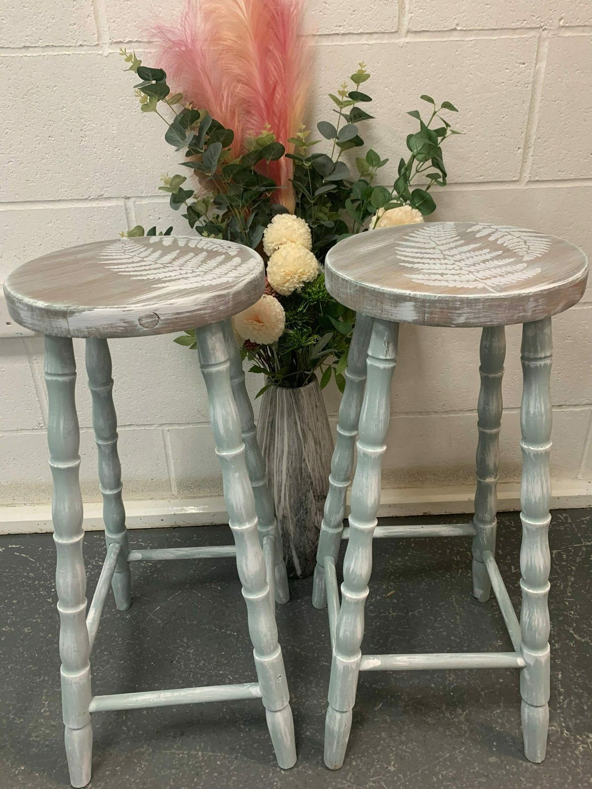 Pair Of Bar Stools Wooden Professionally Painted Fern Leaf