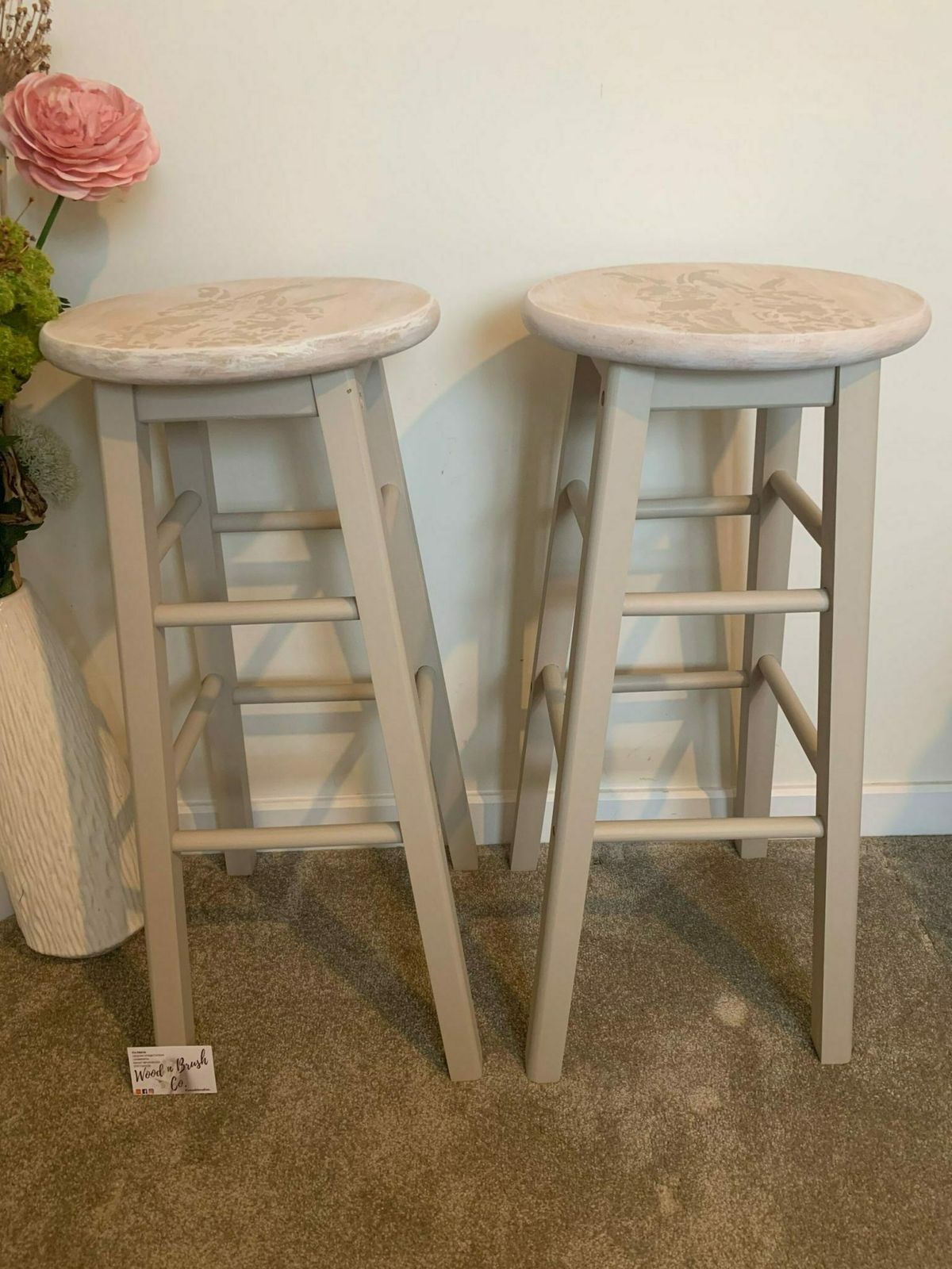 Pair Of Bar Stools Wooden Painted Bespoke Stencilled photo Furniture