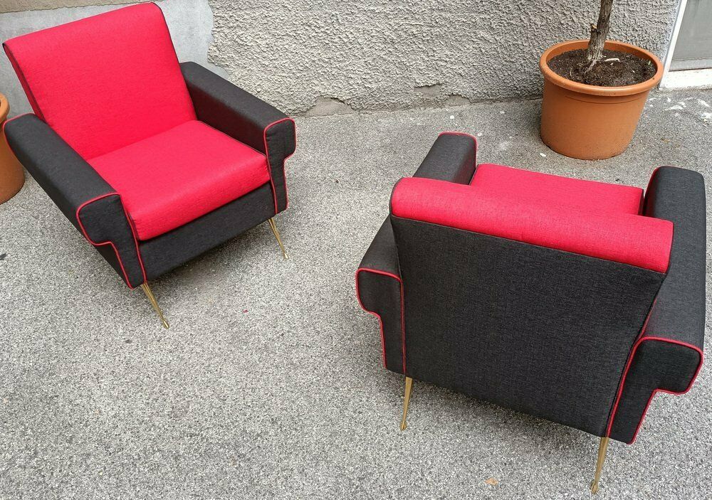 Armchairs In Red And Black With Brass Legs 1950s, Set Of 2 photo furniture