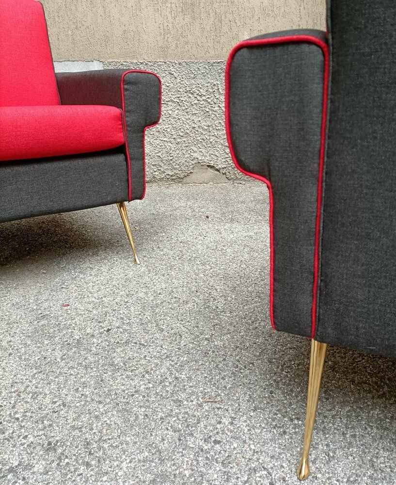 Armchairs In Red And Black With Brass Legs 1950s, Set Of 2 photo for sale