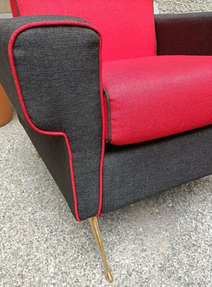 Armchairs In Red And Black With Brass Legs 1950s, Set Of 2 photo vintage
