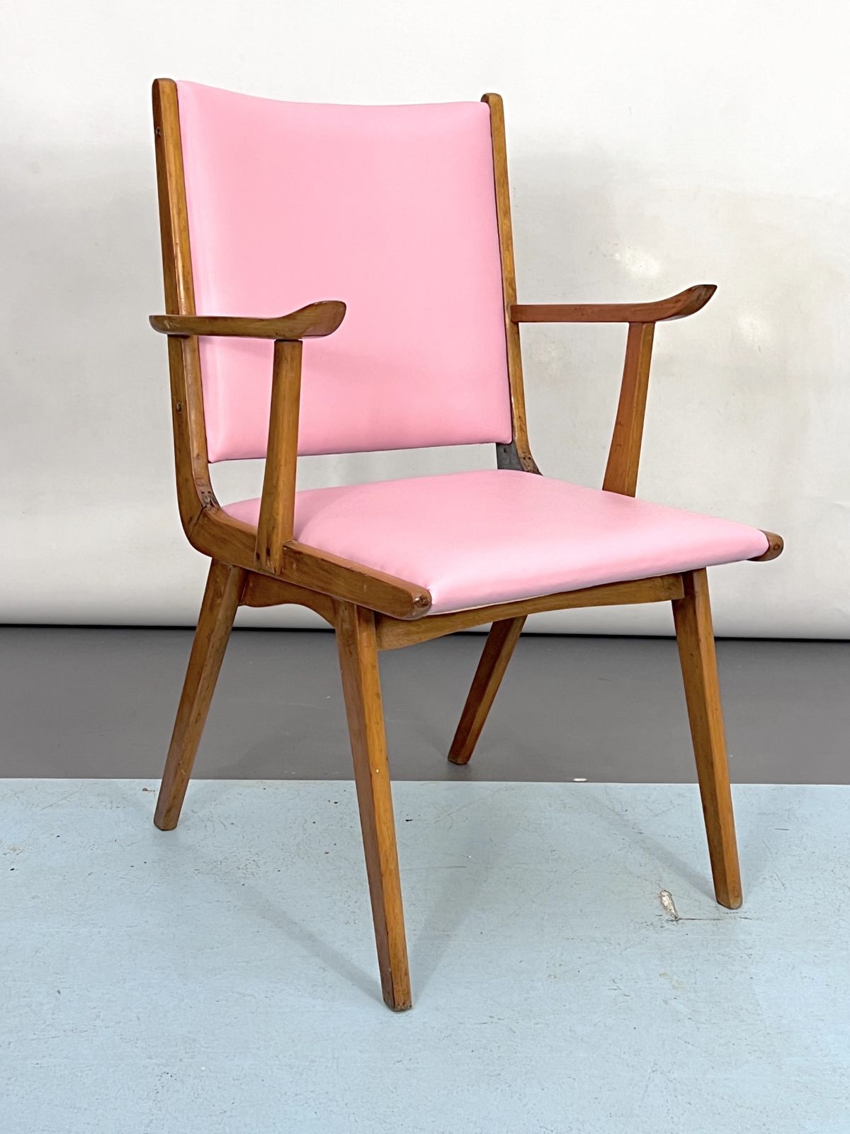 Vintage Italian Wood Accent Chair In Pink Leatherette. Italy 1950s photo Furniture