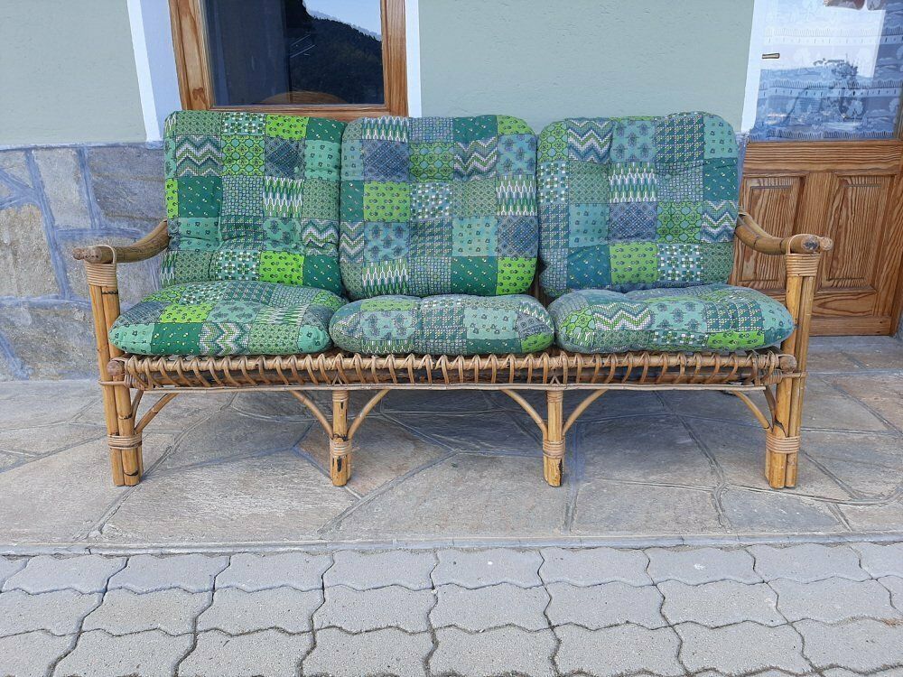 Three Seater Wicker Sofa With Original Cushions 1950s