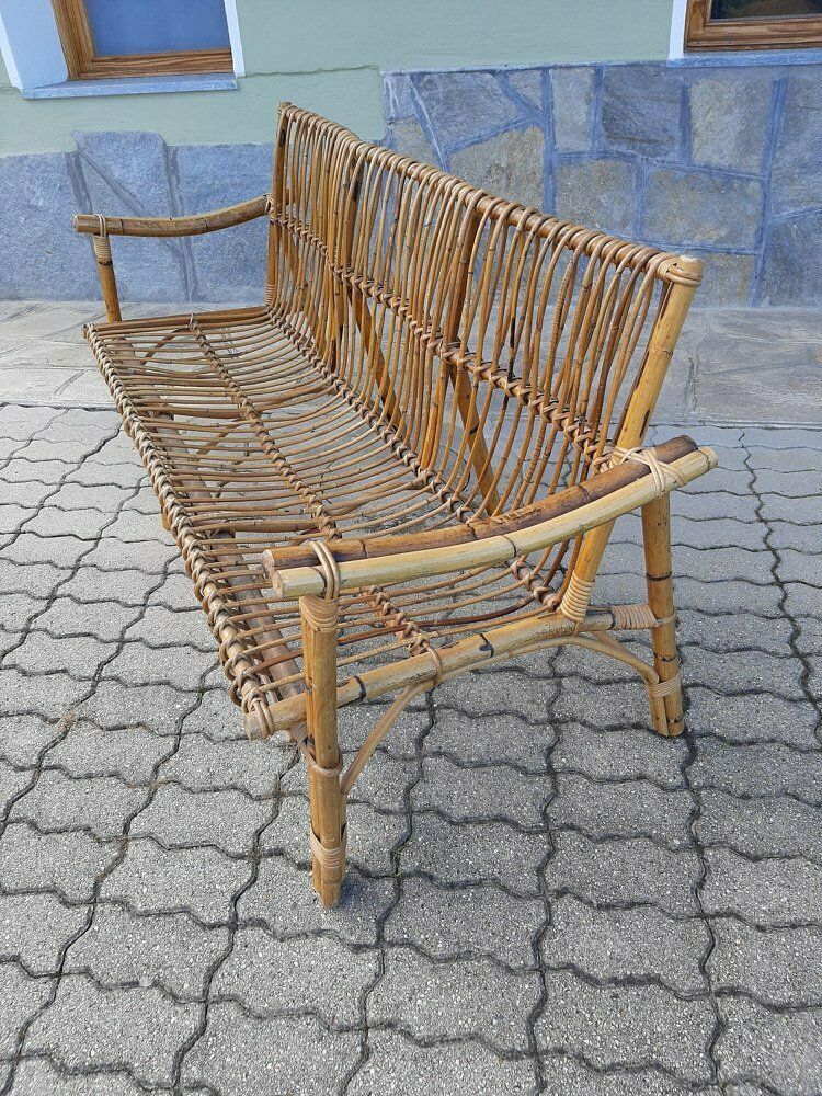 Three Seater Wicker Sofa With Original Cushions 1950s photo for sale