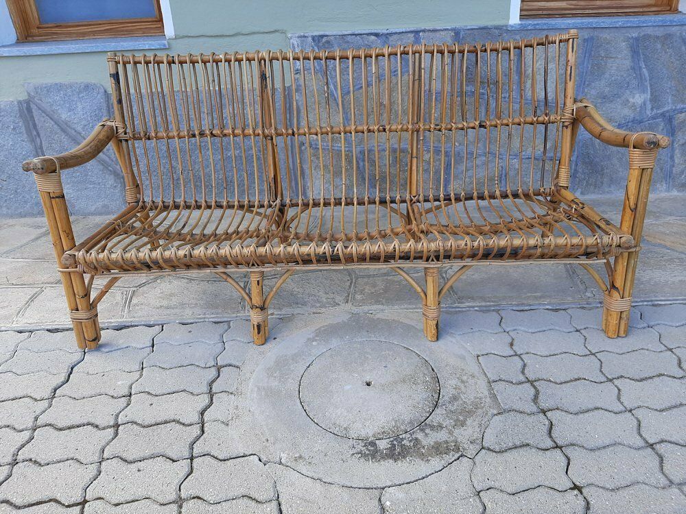 Furniture Three Seater Wicker Sofa With Original Cushions 1950s photo