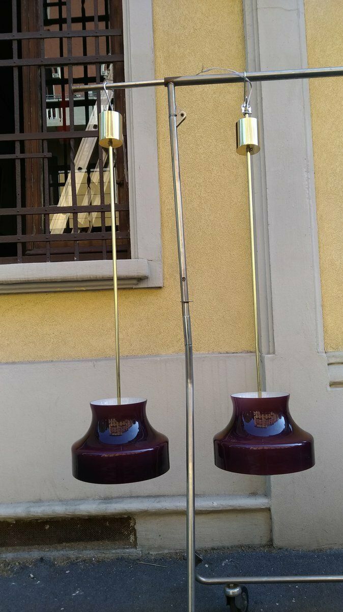 Brass And Opaline Glass Ceiling Lamps, 1950s, Set Of 2 photo vintage