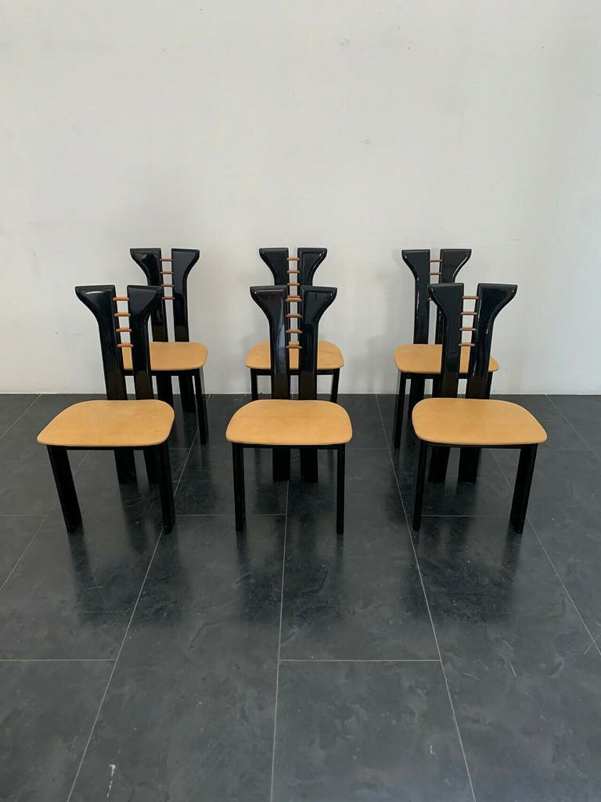 6 Chairs In Wood And Leather By Pierre Cardin For Roche Bobois, 1970s photo for sale