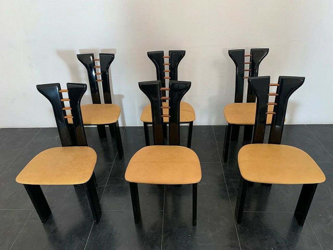 6 Chairs In Wood And Leather By Pierre Cardin For Roche Bobois, 1970s photo Furniture