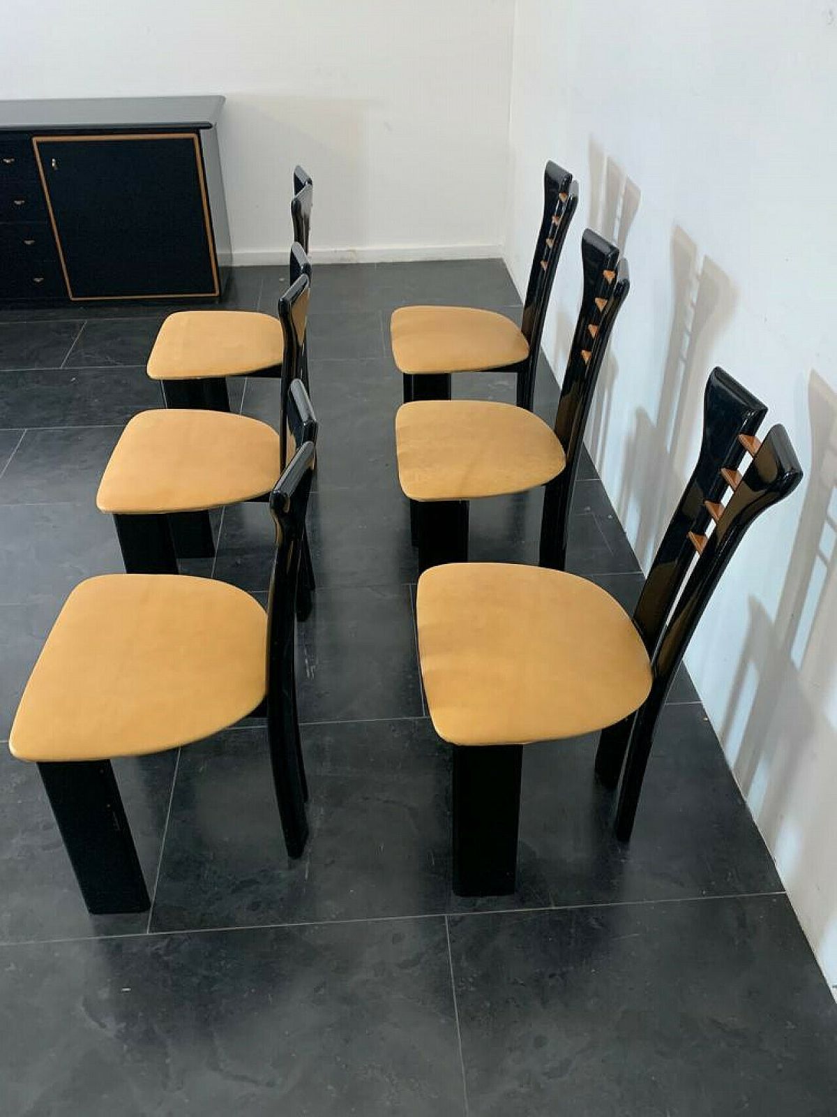 photo for sale 6 Chairs In Wood And Leather By Pierre Cardin For Roche Bobois, 1970s
