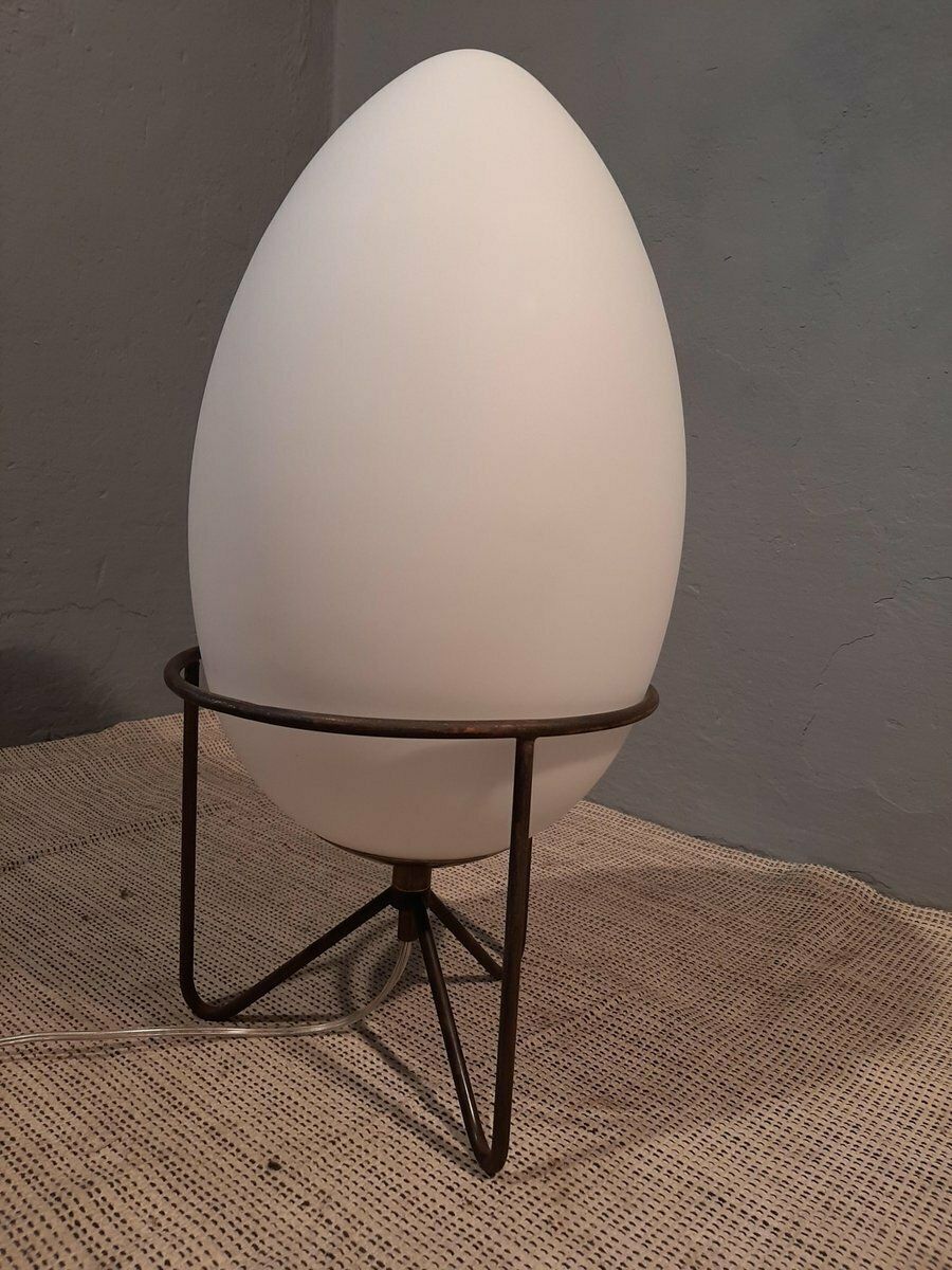 Stilnovo Style Table Lamp With Iron Structure And Egg Shaped Opal Glass Shade, 1990s