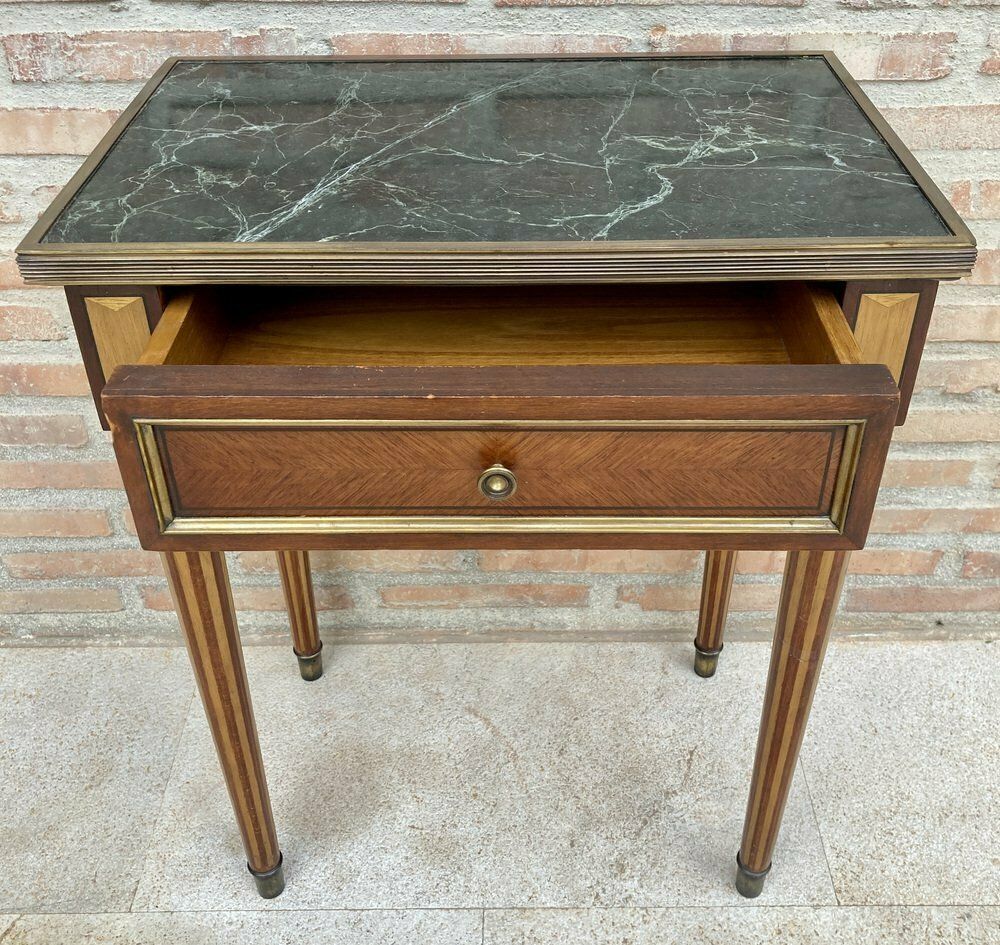 Neoclassical Mahogany Side Table With Fluted Legs And Green Marble, 1920s photo vintage