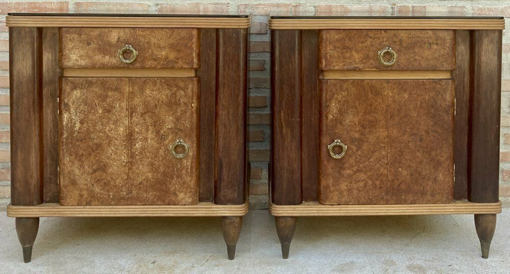 Italian Walnut And Beech Nightstands With Black Glass, 1940s, Set Of 2 photo Furniture