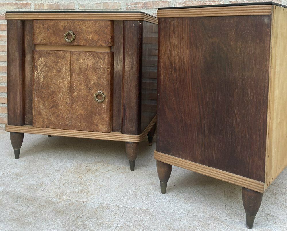 photo furniture Italian Walnut And Beech Nightstands With Black Glass, 1940s, Set Of 2