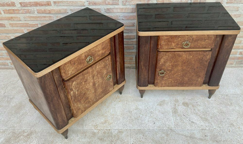 photo for sale Italian Walnut And Beech Nightstands With Black Glass, 1940s, Set Of 2