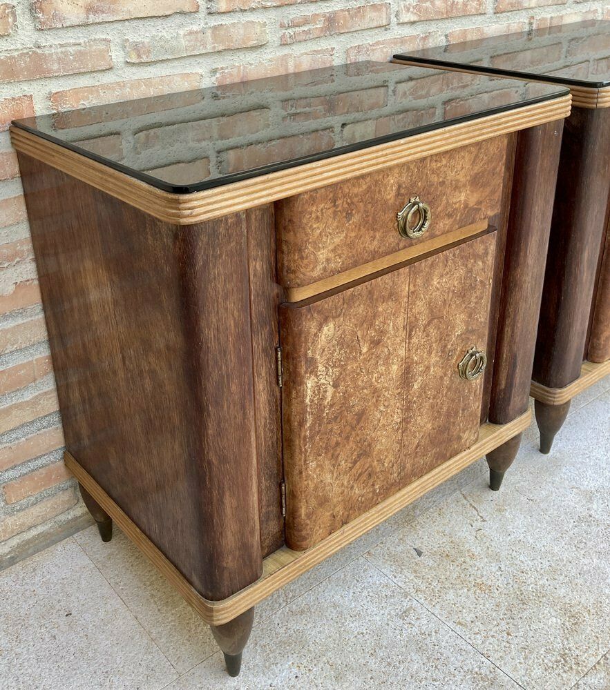 Furniture Italian Walnut And Beech Nightstands With Black Glass, 1940s, Set Of 2 photo