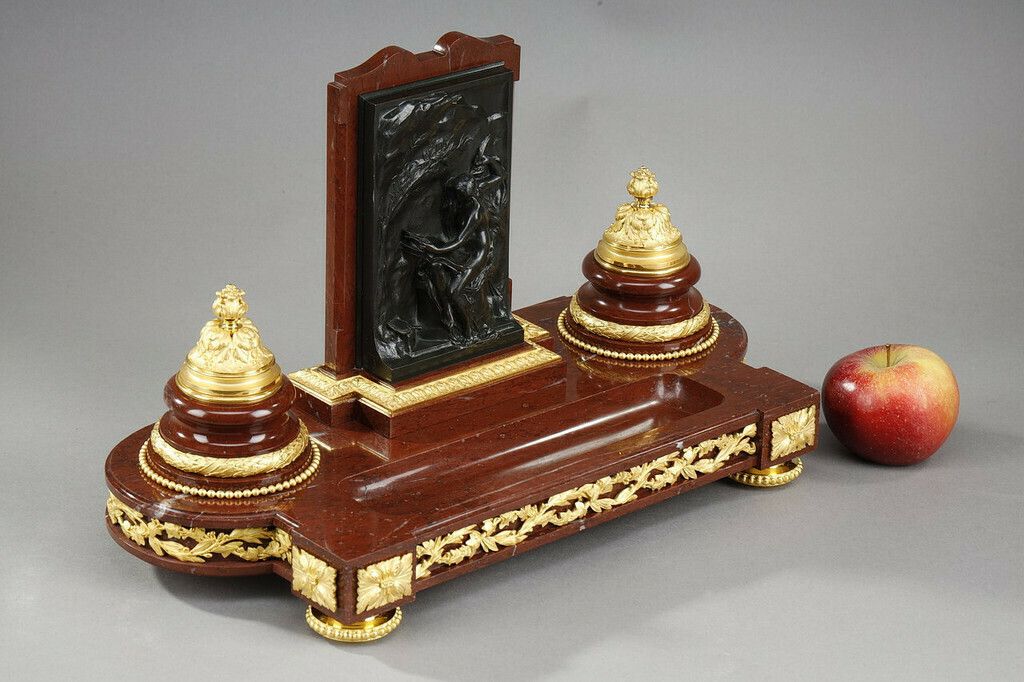 Inkwell In Cherry Red Marble And Gilt Bronze, "Allegory Of Writing", Signed H. Chapu photo for sale