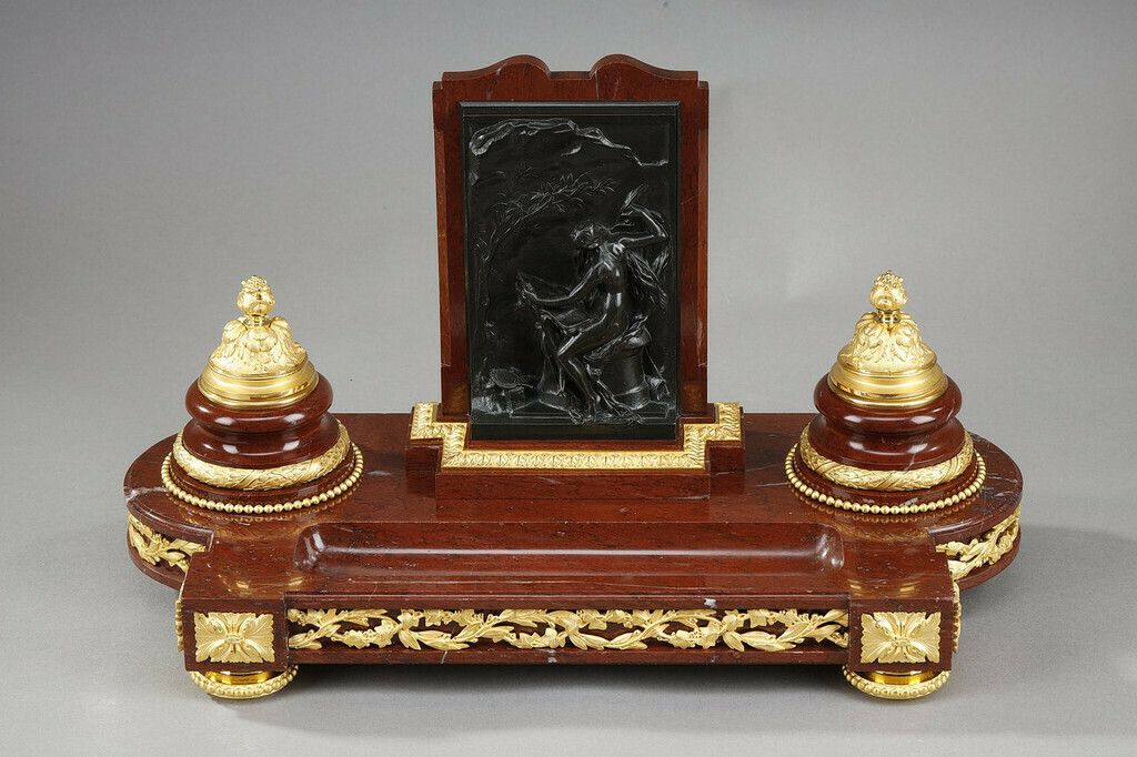 Inkwell In Cherry Red Marble And Gilt Bronze, "Allegory Of Writing", Signed H. Chapu photo Home Decor