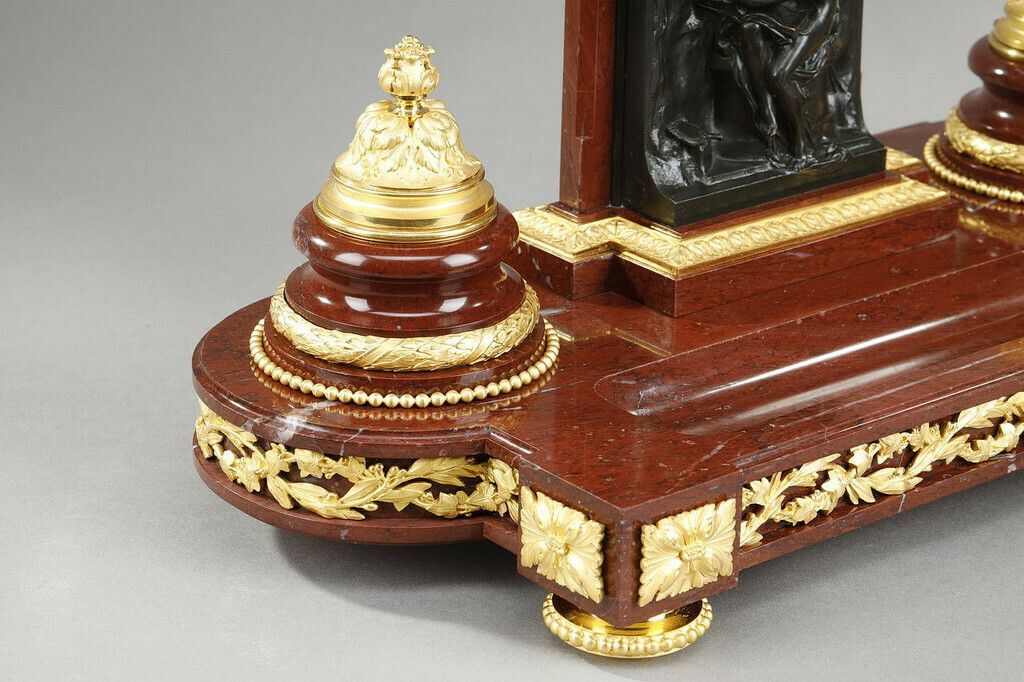 Inkwell In Cherry Red Marble And Gilt Bronze, "Allegory Of Writing", Signed H. Chapu photo vintage
