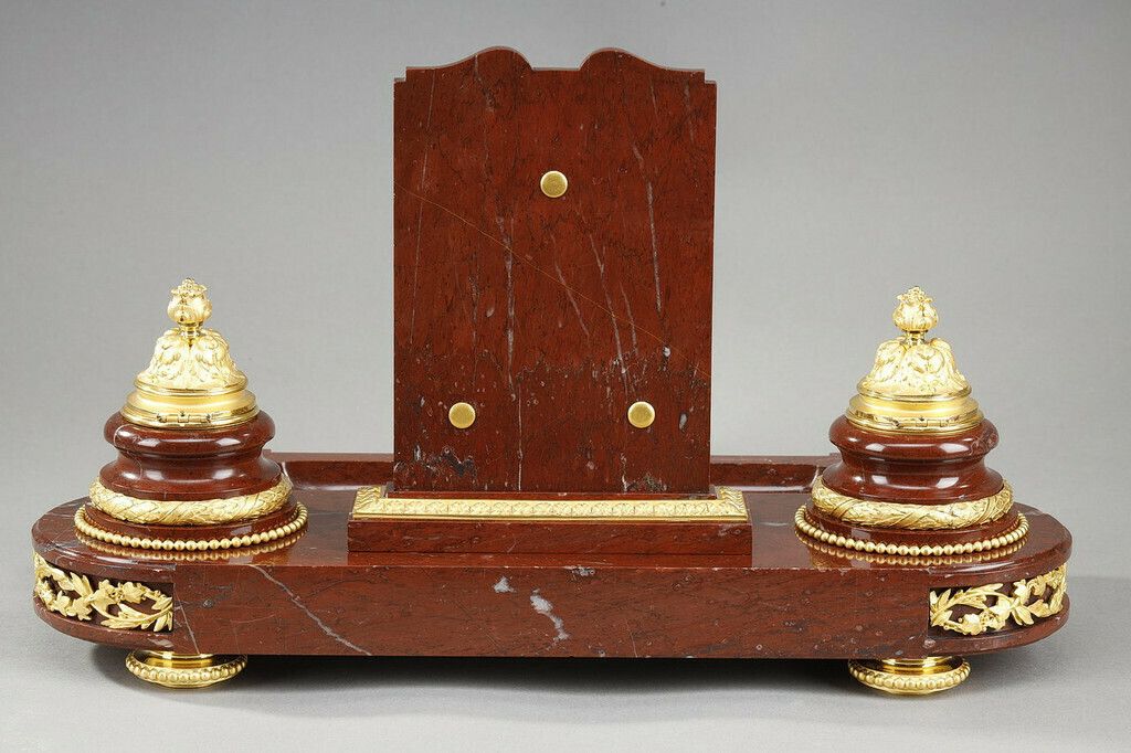 photo vinterior Inkwell In Cherry Red Marble And Gilt Bronze, "Allegory Of Writing", Signed H. Chapu