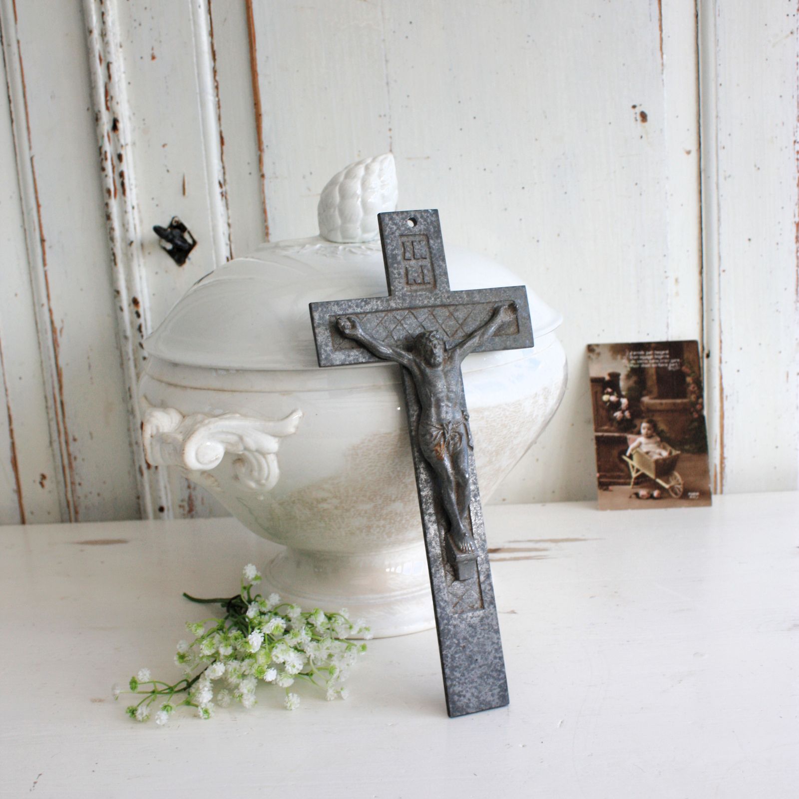 French Vintage Metal Religious Cross Or Crucifix photo for sale
