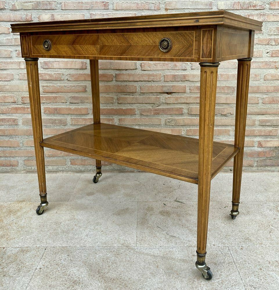 Neoclassic French Marquetry Side Table With One Drawer And Wheels 1940s photo Furniture