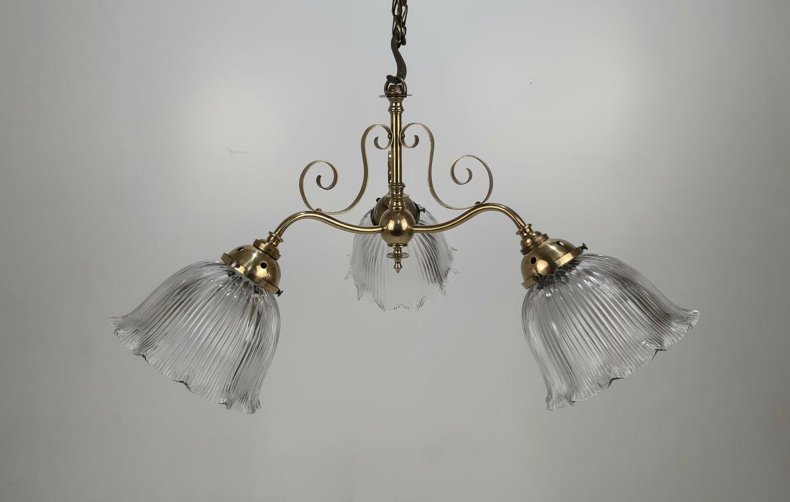 Antique Brass 3 Holophane Shaded Chandelier (Not Wired)