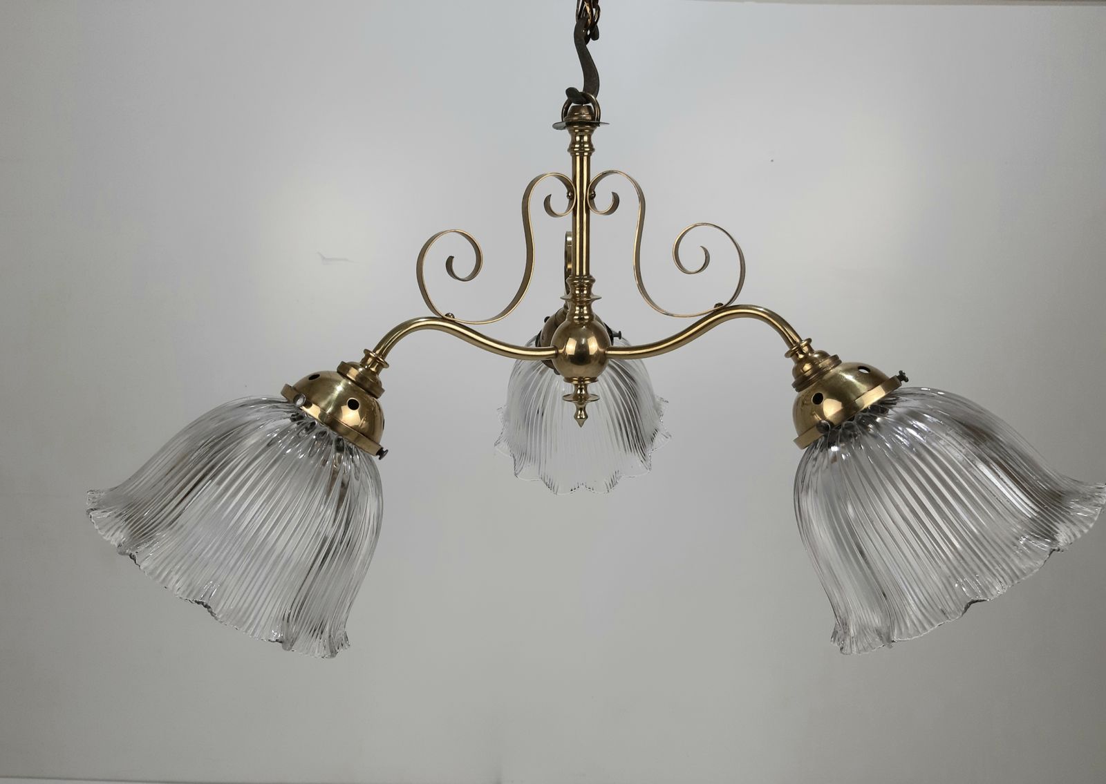 Antique Brass 3 Holophane Shaded Chandelier (Not Wired) photo furniture