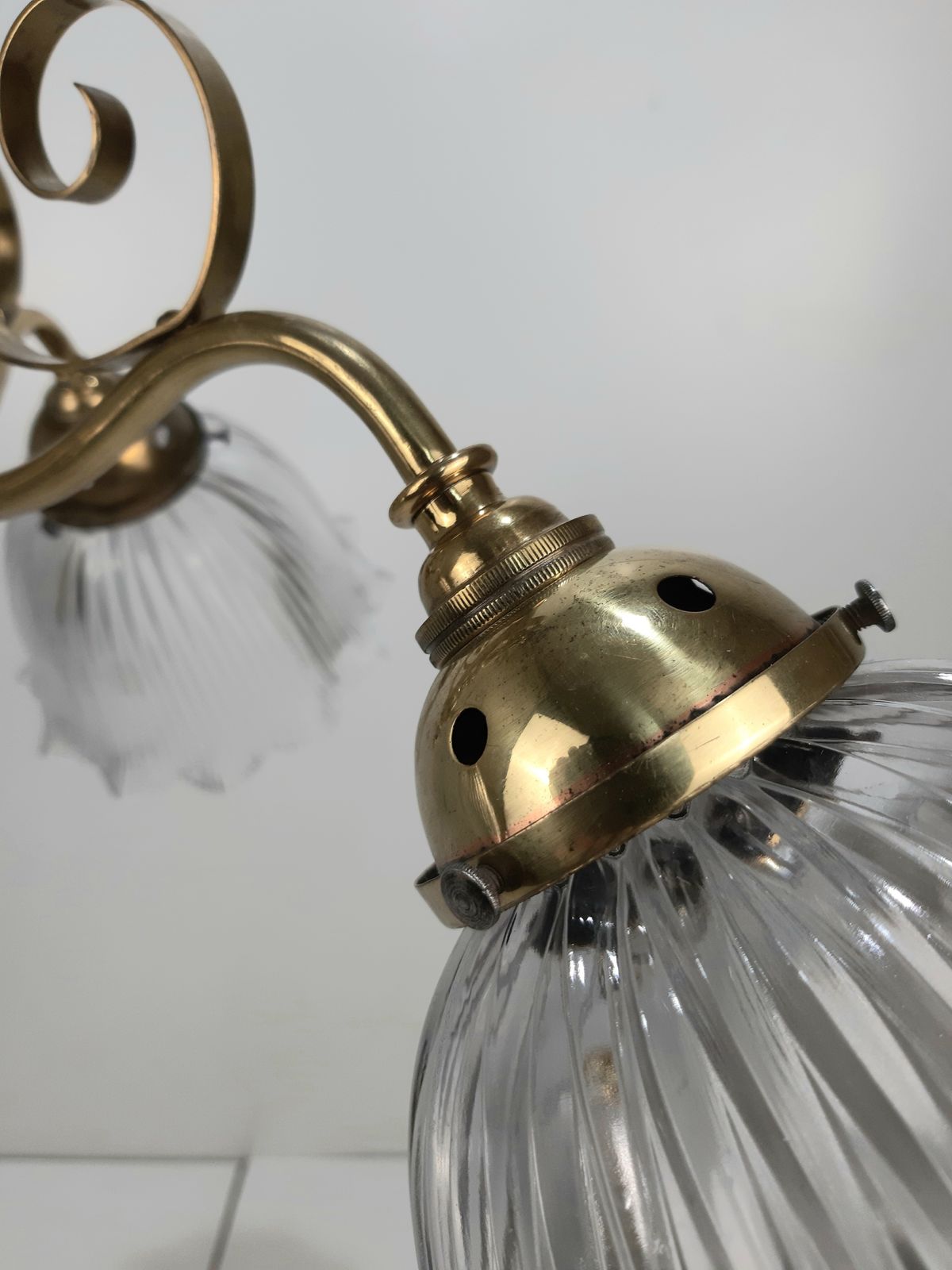Antique Brass 3 Holophane Shaded Chandelier (Not Wired) photo vinterior